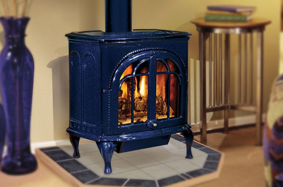 Guide to New Wood Stoves with blue cast iron wood stove